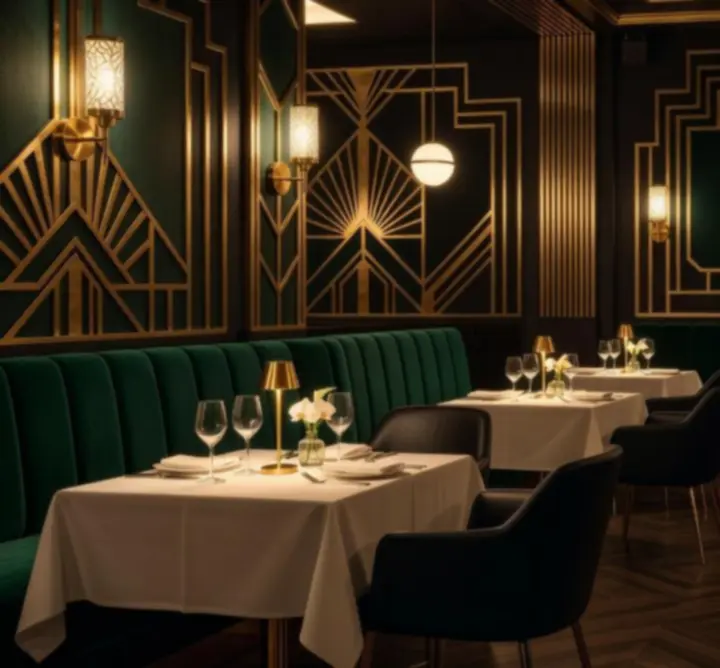 Art deco belsőépítészetű, esti éttermi enteriőr