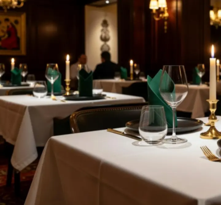 Elegáns, gyertyafényes vacsoraasztal a Royal Venue Hub éttermében