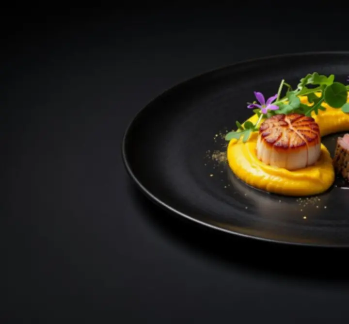 Gourmet signature fogás művészi tálalásban matt fekete háttéren