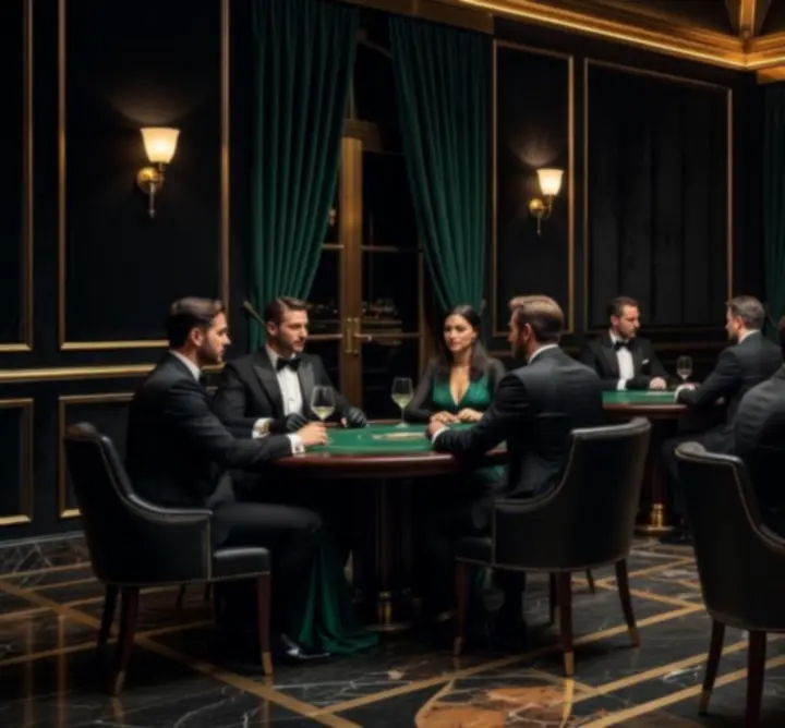 Elegáns, félhomályos pókerlounge prémium asztalokkal a Royal Venue Hubban