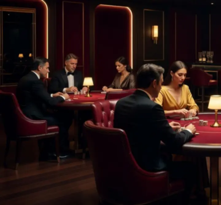 Exkluzív póker lounge esti fényben, elegáns pókerasztalokkal és bőrülésekkel