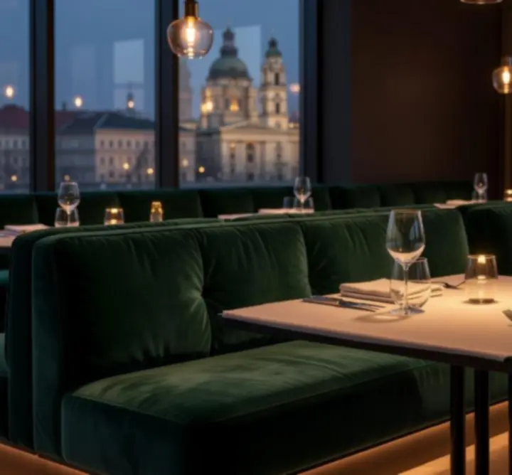 Elegáns, félhomályos éttermi enteriőr a Royal Venue Hubban