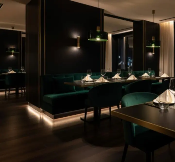 Lélegzetelállító, hangulatosan megvilágított éttermi és lounge enteriőr a Royal Venue Hubban